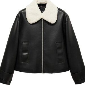 MANGO Women's Detachable Sheepskin Collar Jacket Black Size - Small